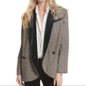 Free People Velvet Trim Blazer Jacket Plunge Plaid